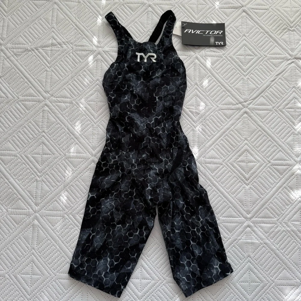 TYR Avictor Super Nova Open Back Tech Swimsuit Black and Gray Size 28, 29